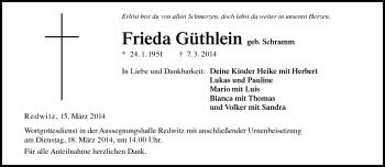 Traueranzeige von Frieda Güthlein von Neue Presse Coburg