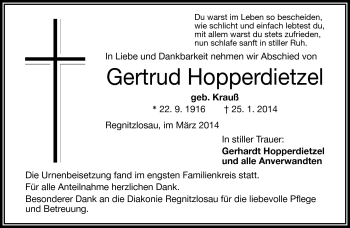 Traueranzeige von Gertrud Hopperdietzel von Frankenpost