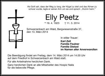 Traueranzeige von Elly Peetz von Frankenpost
