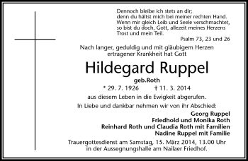 Traueranzeige von Hildegard Ruppel von Frankenpost