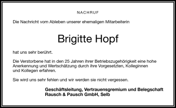 Traueranzeige von Brigitte Hopf von Frankenpost