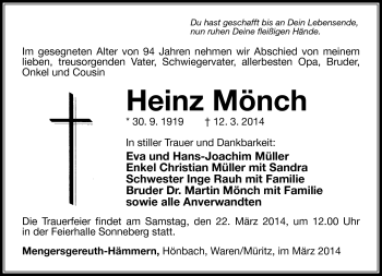 Traueranzeige von Heinz Mönch von Südthüringer Presse