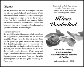 Traueranzeige von Klaus Vonderlind von Südthüringer Presse