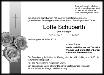 Traueranzeige von Lotte Schuberth von Frankenpost