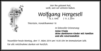 Traueranzeige von Wolfgang Hergesell von Frankenpost
