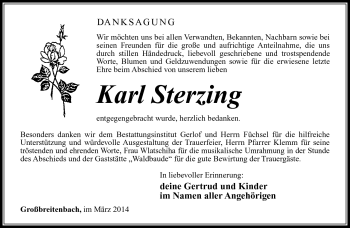 Traueranzeige von Karl Sterzing von Südthüringer Presse