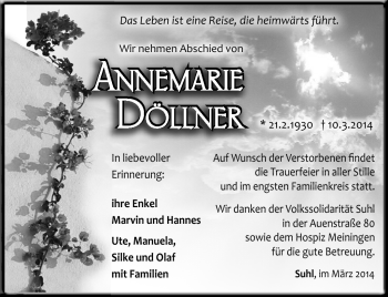 Traueranzeige von Annemarie Döllner von Südthüringer Presse