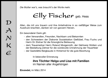 Traueranzeige von Elly Fischer von Südthüringer Presse