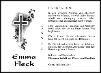 Traueranzeige von Emma Fleck von Südthüringer Presse