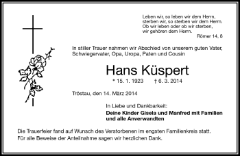 Traueranzeige von Hans Küspert von Frankenpost
