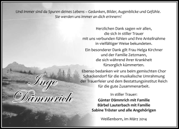 Traueranzeige von Inge Dämmrich von Südthüringer Presse