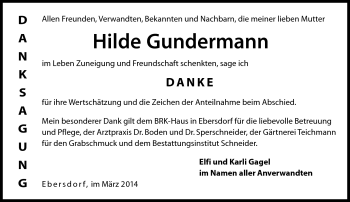 Traueranzeige von Hilde Gundermann von Neue Presse Coburg