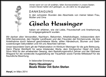 Traueranzeige von Gisela Heusinger von Südthüringer Presse