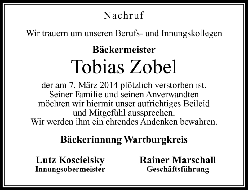  Traueranzeige für Tobias Zobel vom 15.03.2014 aus Südthüringer Presse