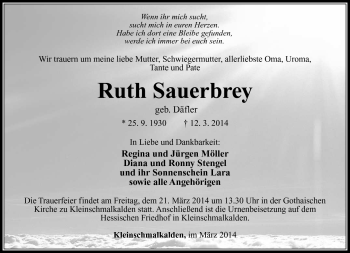 Traueranzeige von Ruth Sauerbrey von Südthüringer Presse