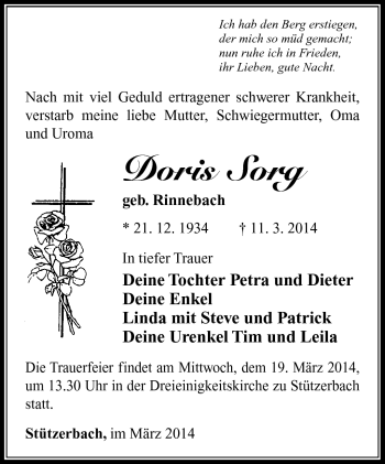 Traueranzeige von Doris Sorg von Südthüringer Presse