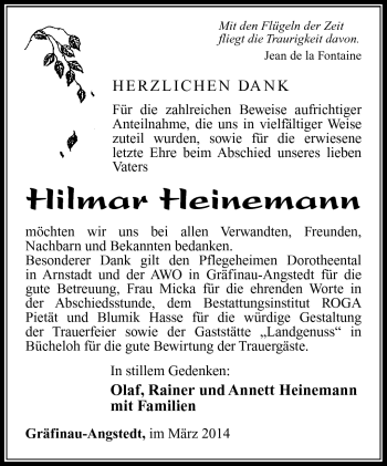 Traueranzeige von Hilmar Heinemann von Südthüringer Presse