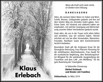 Traueranzeige von Klaus Erlebach von Südthüringer Presse