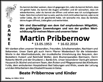Traueranzeige von Martin Pribbernow von Südthüringer Presse