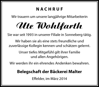 Traueranzeige von Ute Wohlfahrt von Südthüringer Presse