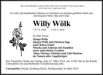 Traueranzeige von Willy Wölk von Südthüringer Presse