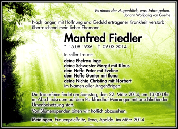 Traueranzeige von Manfred Fiedler von Südthüringer Presse
