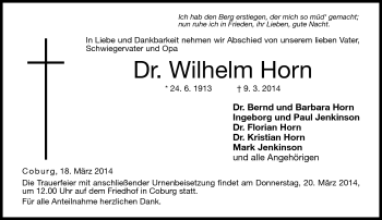 Traueranzeige von Wilhelm Horn von Neue Presse Coburg