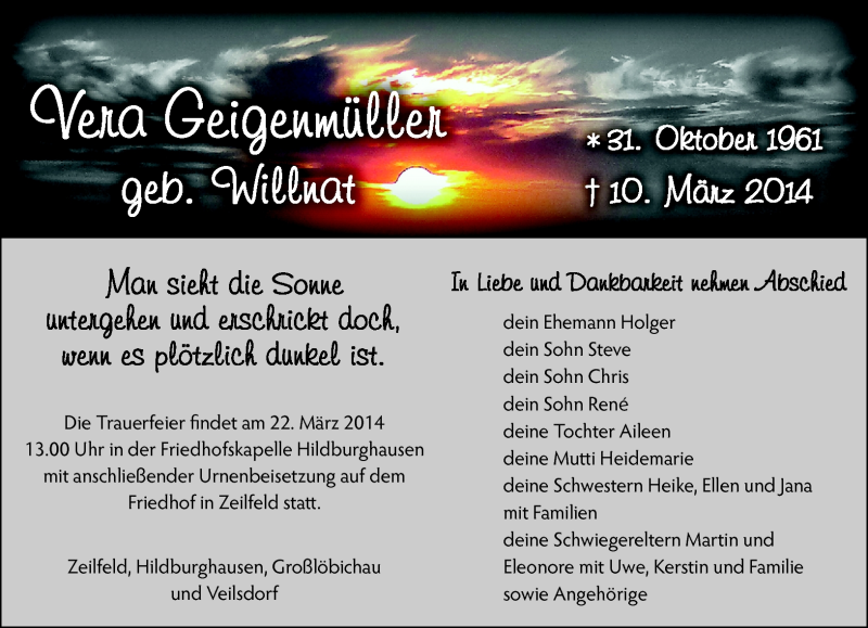  Traueranzeige für Vera Geigenmüller vom 15.03.2014 aus Südthüringer Presse