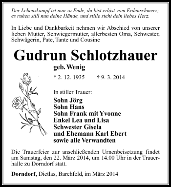Traueranzeige von Gudrun Schlotzhauer von Südthüringer Presse