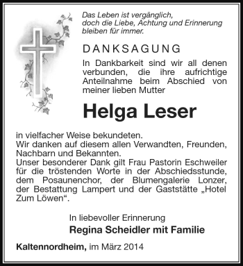 Traueranzeige von Helga Leser von Südthüringer Presse