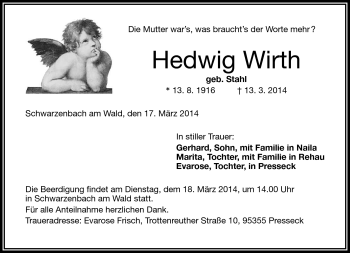 Traueranzeige von Hedwig Wirth von Frankenpost