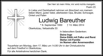 Traueranzeige von Ludwig Bareuther von Frankenpost