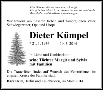 Traueranzeige von Dieter Kümpel von Südthüringer Presse