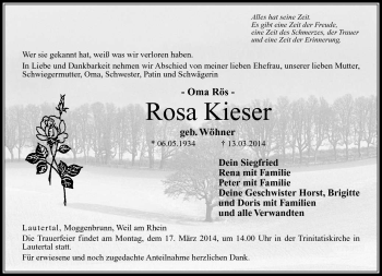 Traueranzeige von Rosa Kieser von Neue Presse Coburg