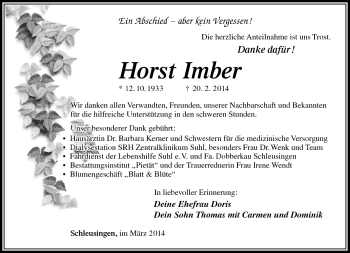 Traueranzeige von Horst Imber von Südthüringer Presse