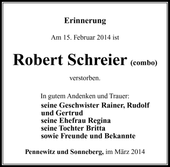 Traueranzeige von Robert Schreier von Südthüringer Presse