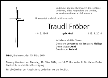 Traueranzeige von Traudl Fröber von Neue Presse Coburg