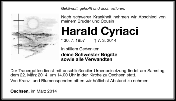 Traueranzeige von Harald Cyriaci von Südthüringer Presse