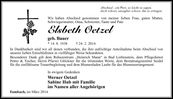 Traueranzeige von Elsbeth Oetzel von Südthüringer Presse