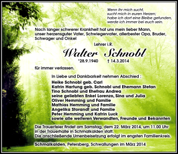 Traueranzeige von Walter Schnobl von Südthüringer Presse