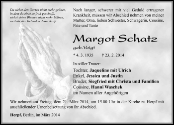 Traueranzeige von Margot Schatz von Südthüringer Presse