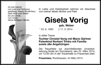 Traueranzeige von Gisela Vorig von Südthüringer Presse