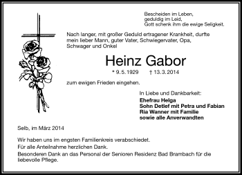 Traueranzeige von Heinz Gabor von Frankenpost