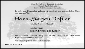 Traueranzeige von hans-Jürgen Daßler von Südthüringer Presse