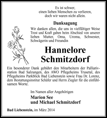 Traueranzeige von Hannelore Schmitzdorf von Südthüringer Presse