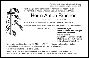 Traueranzeige von Anton Brünner von Frankenpost