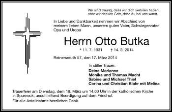 Traueranzeige von Otto Butka von Frankenpost