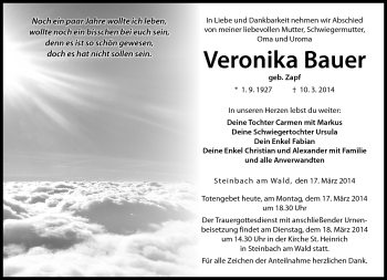 Traueranzeige von Veronika Bauer von Neue Presse Coburg
