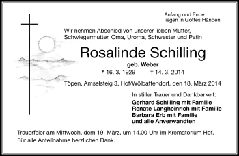 Traueranzeige von Rosalinde Schilling von Frankenpost