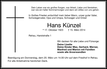 Traueranzeige von Hans Künzel von Frankenpost